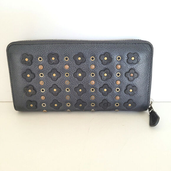 Coach Leather Wallet Navy Zip Around Large Clutch Studded Floral Grunge Boho - Picture 2 of 14